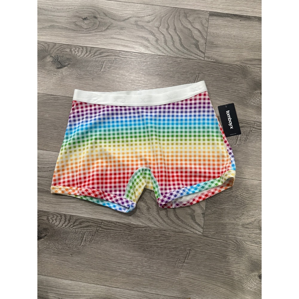 TomboyX Rainbow Gingham 4.5" Boy Short Underwear Trunks Pride Womens Medium NEW